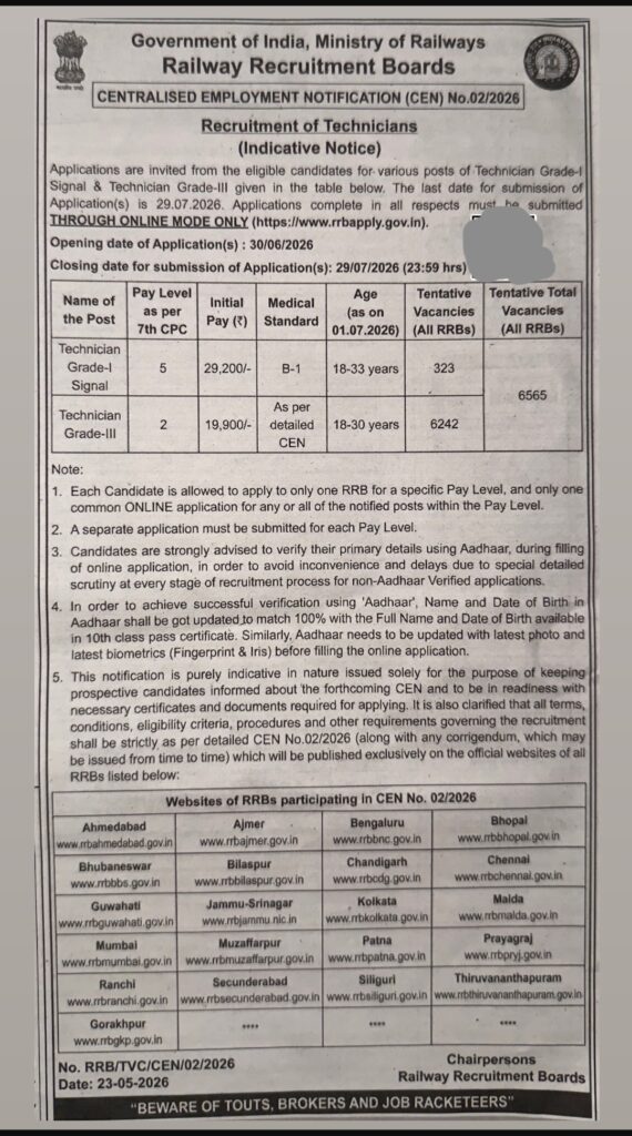 Rrb technician recruitment 2026 short notice